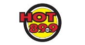 A yellow and red logo for hot 8 9. 9 fm
